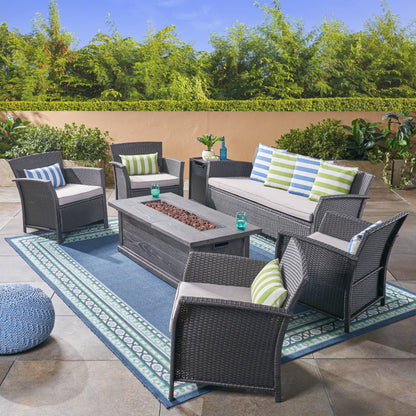 Laiah Outdoor 7 Seater Wicker Chat Set with Fire Pit