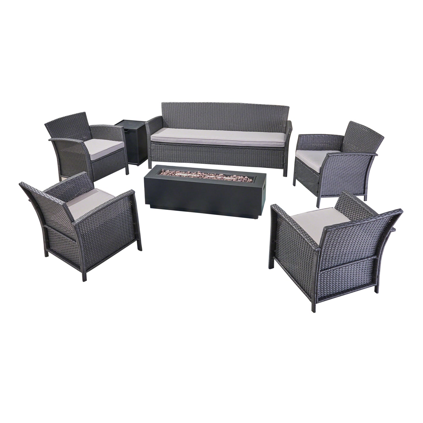 Mason Outdoor 7 Seater Wicker Chat Set with Fire Pit, Gray and Silver and Dark Gray