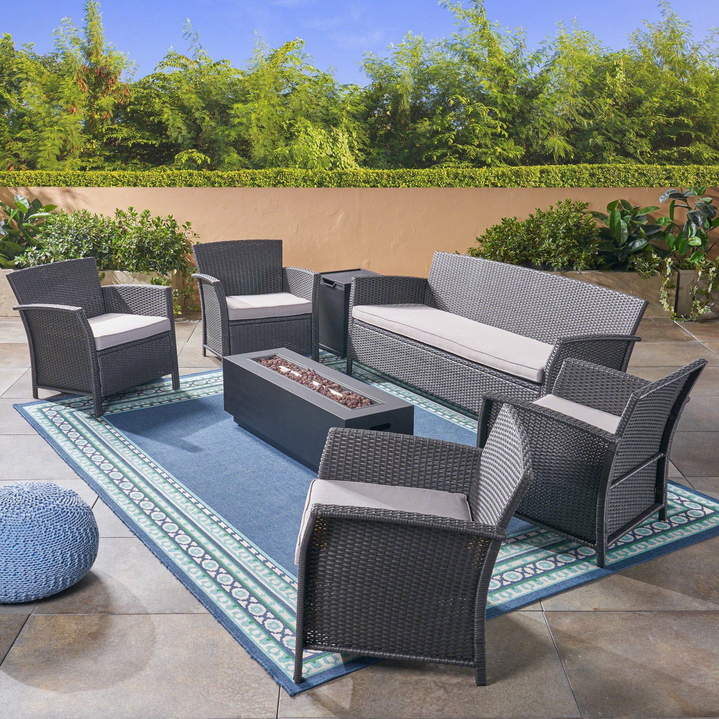 Mason Outdoor 7 Seater Wicker Chat Set with Fire Pit, Gray and Silver and Dark Gray