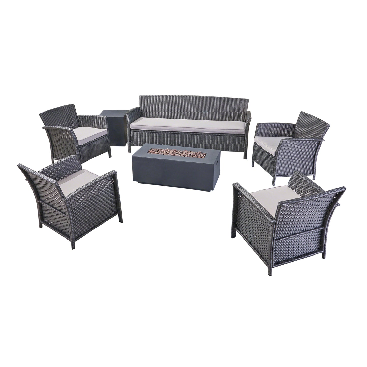 Mason Outdoor 7 Seater Wicker Chat Set with Fire Pit, Gray and Dark Gray