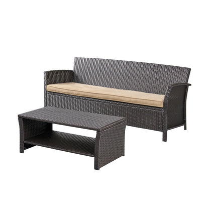 Laiah Outdoor Wicker 3-Seater Sofa with Coffee Table