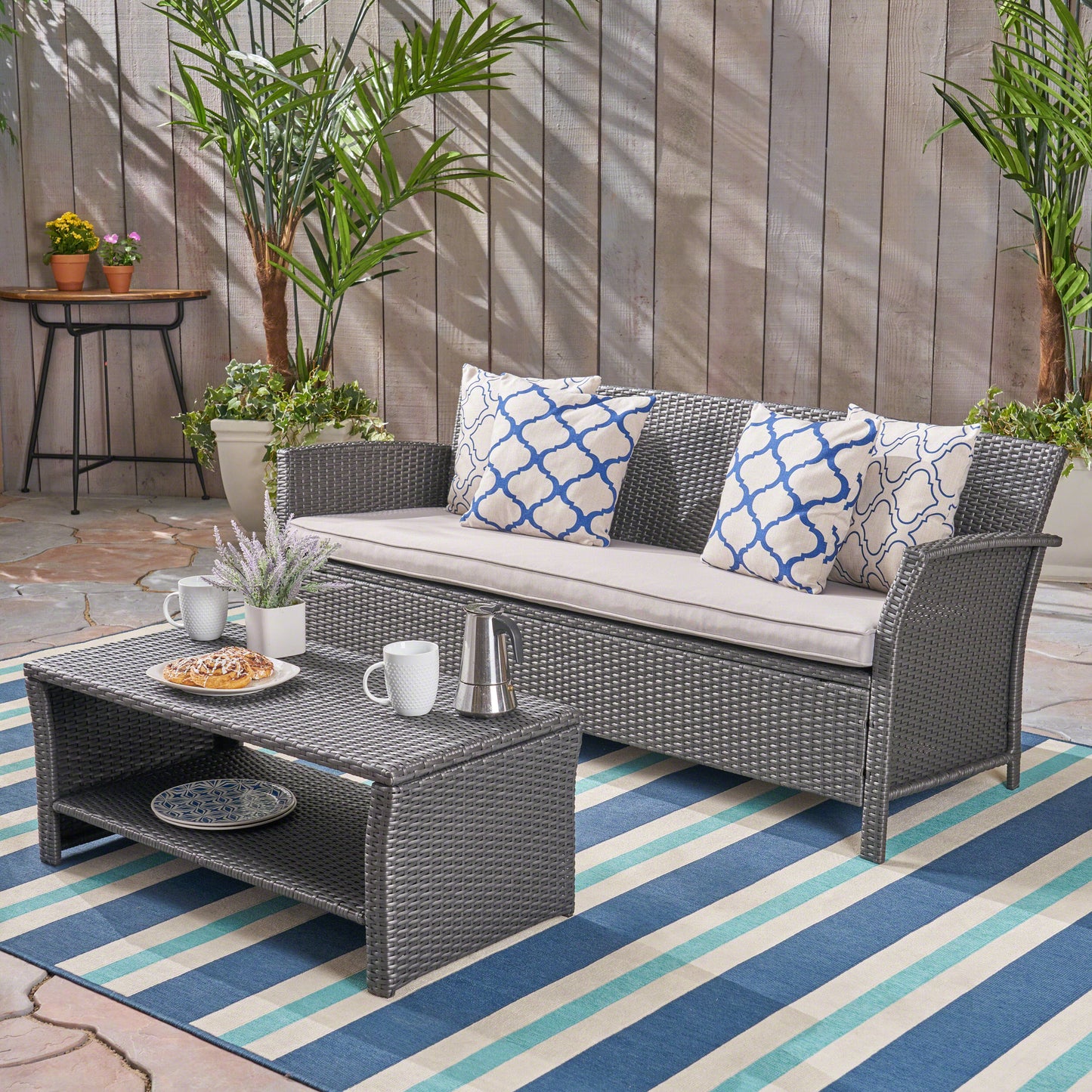 Laiah Outdoor Wicker 3-Seater Sofa with Coffee Table