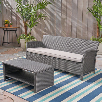 Laiah Outdoor Wicker 3-Seater Sofa with Coffee Table