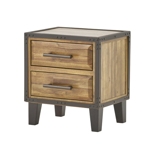 Ashlar Industrial Two-Drawer Natural Finish Acacia Wood Night Stand
