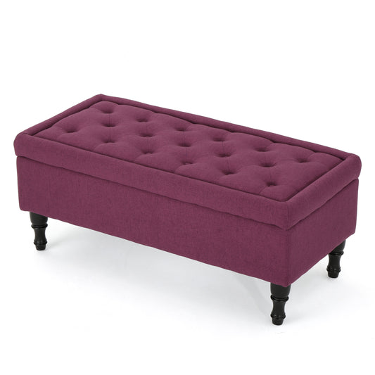 Constance Button Tufted Fabric Rectangle Storage Ottoman Bench w/ Turned Legs