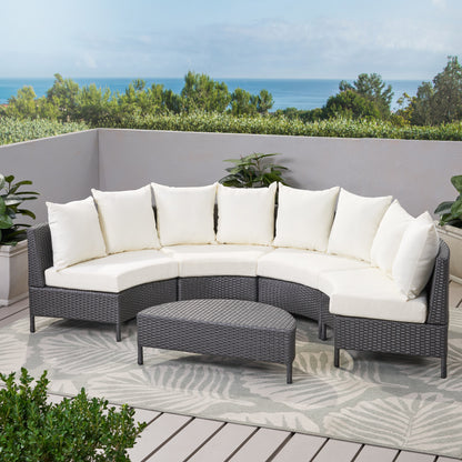 Hatteras Outdoor 5 Piece Grey Wicker Sofa Set with White Water Resistant Fabric Cushions