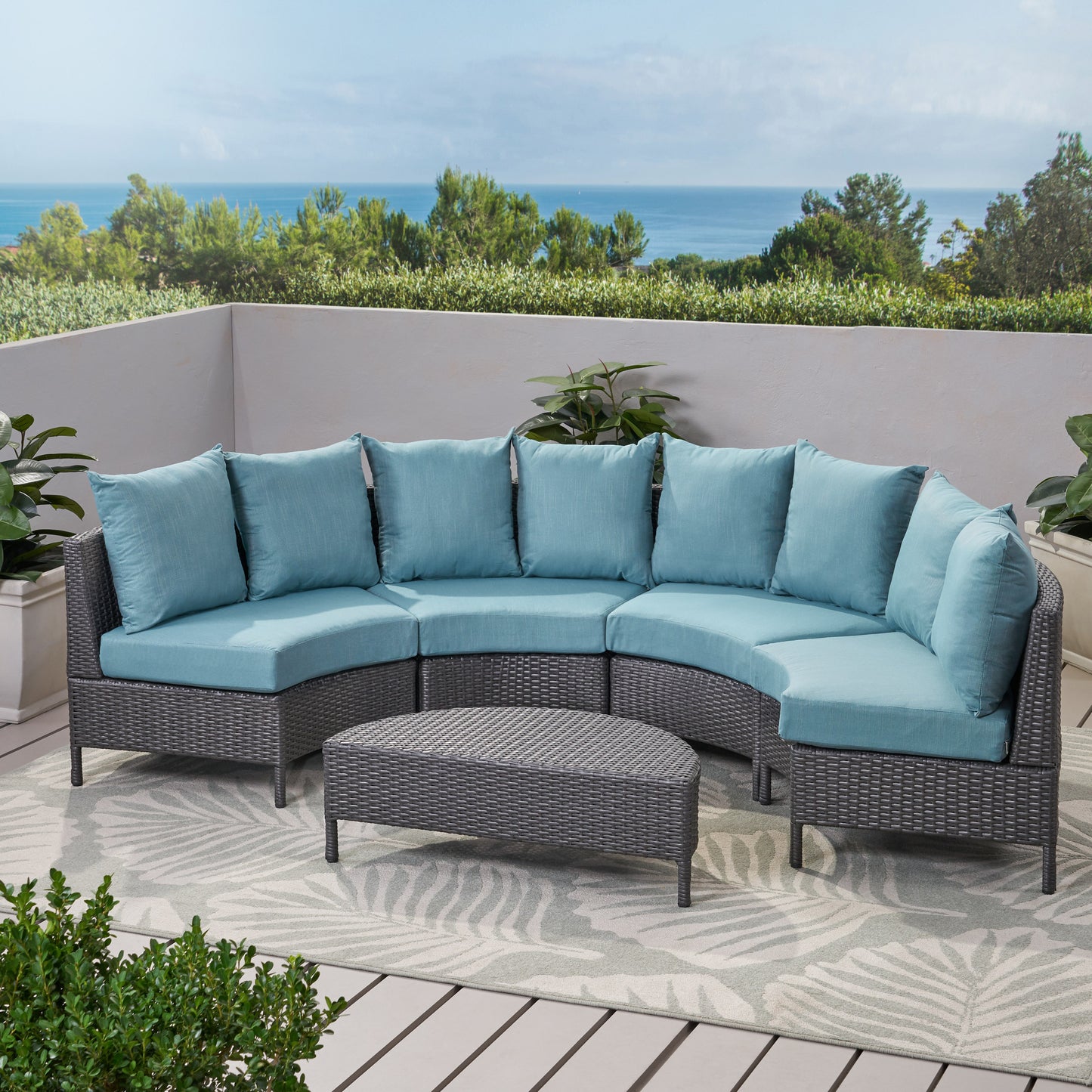 Venice Outdoor 5 Piece Gray Wicker Sectional Sofa Set with Teal Cushions