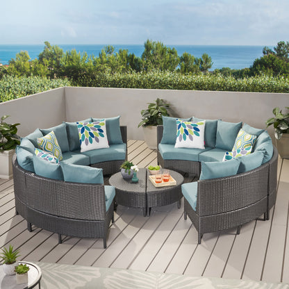 Venice Outdoor 10 Piece Gray Wicker Sectional Sofa Set with Teal Cushions