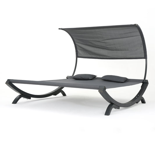 Merianna Gray Wood Sunbed with Gray Outdoor Mesh Canopy