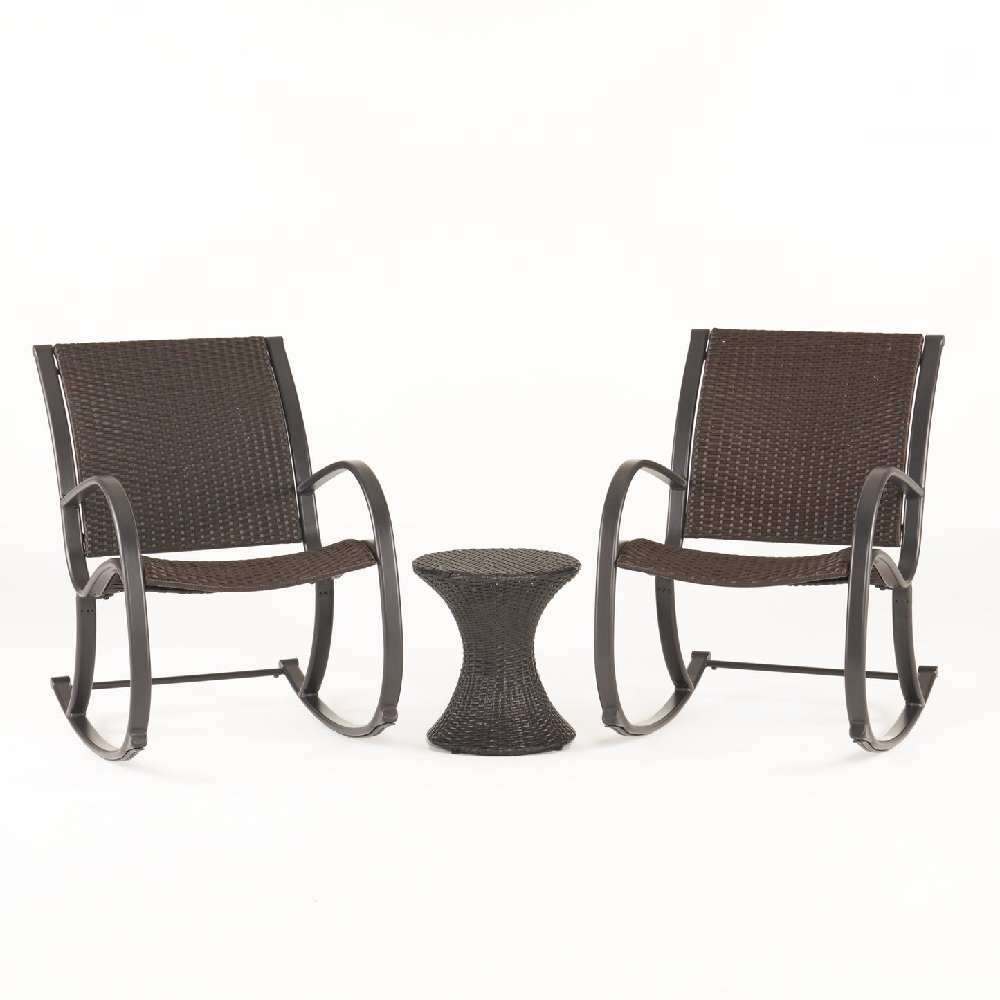 Leann Outdoor 3pc Dark Brown Wicker Rocking Chair Chat Set (Hourglass Table)