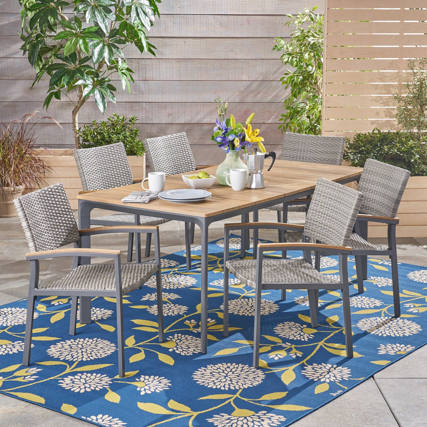 Huxley Outdoor Aluminum 7 Piece Dining Set with Wood Tabletop