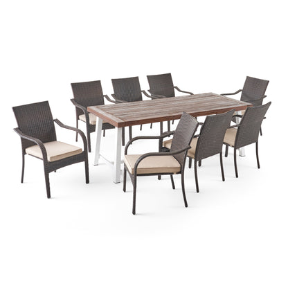 Addilynn Outdoor Wood and Wicker 8 Seater Dining Set