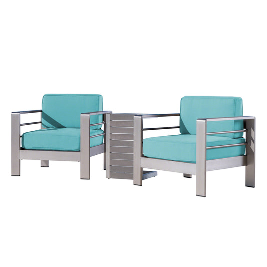 Zona Outdoor Aluminum Club Chairs and Faux Wood Side Table Set with Cushions