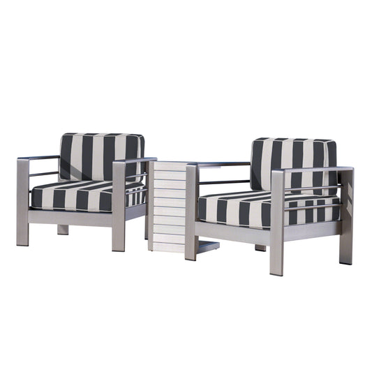 Parrish Coral Outdoor Aluminum Club Chairs and Side Table Set with Cushions, Silver and Cabana Classic Sunbrella (Optional Sunbrella Cushions)