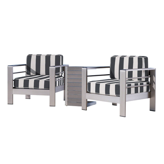 Parrish Coral Outdoor Aluminum Club Chairs and Faux Wood Side Table Set with Cushions, Silver and Cabana Classic Sunbrella (Optional Sunbrella Cushions)