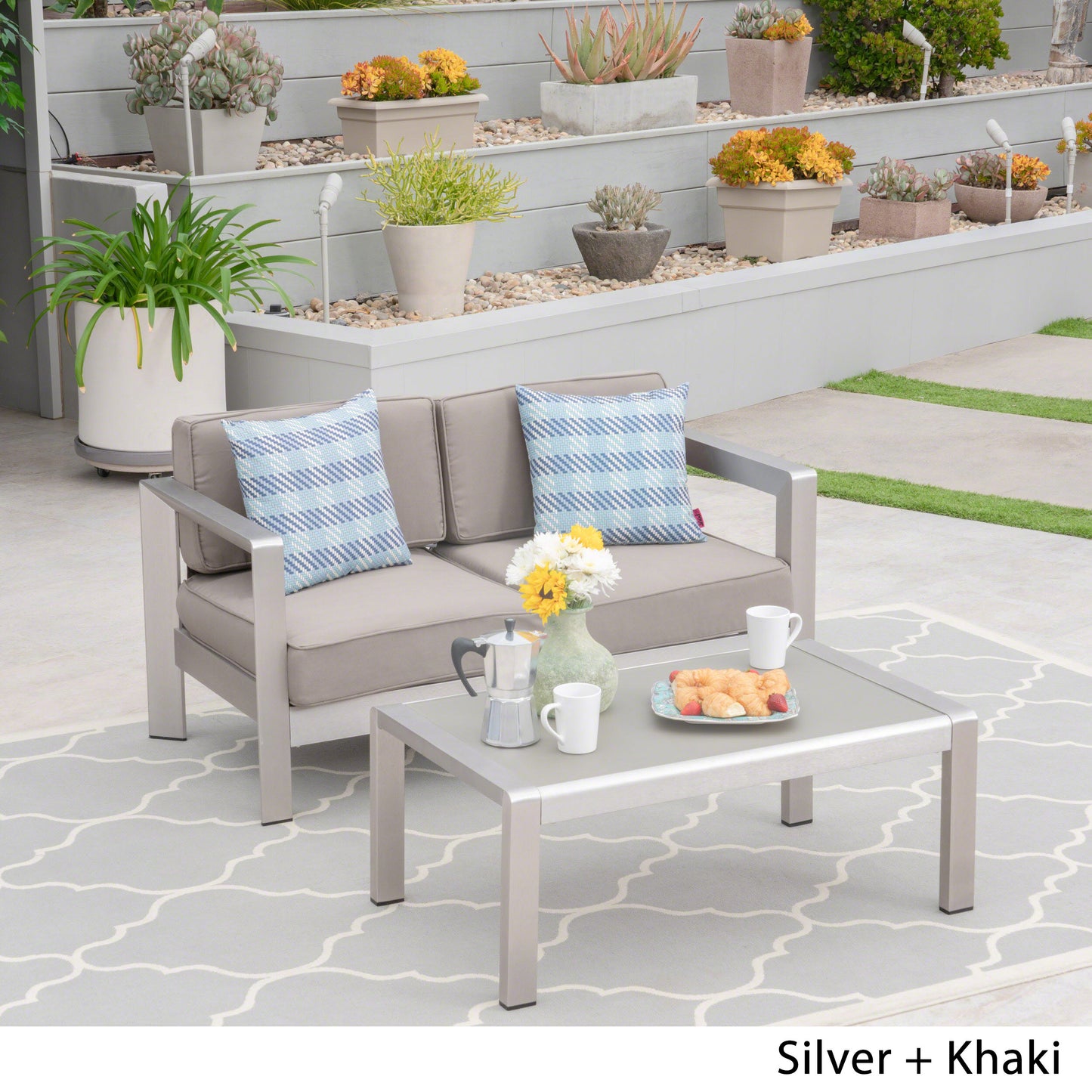 Booth Outdoor Aluminum Loveseat and Tempered Glass-Topped Coffee Table