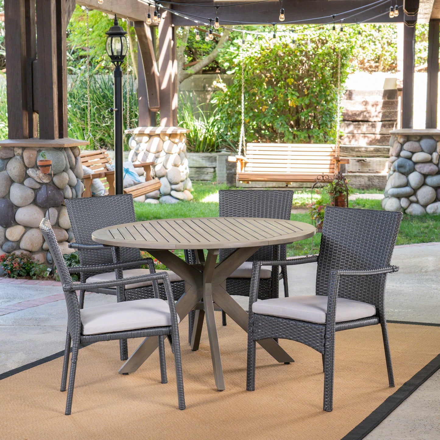 Layna Outdoor 5 Piece Wood and Wicker Dining Set, Gray and Gray
