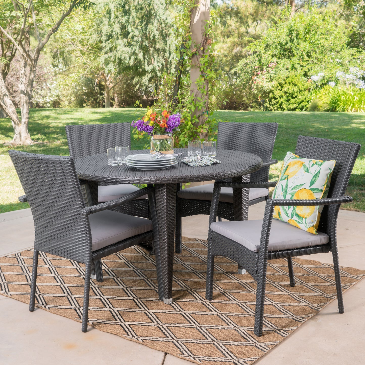 Pelican Outdoor 5 Piece Wicker Circular Dining Set with Water Resistant Cushions
