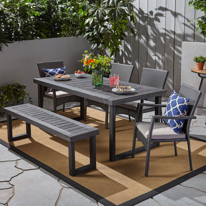 Dawn Outdoor 6-Seater Wood and Wicker Chair and Bench Dining Set