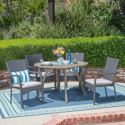 Baldry Outdoor 5 Piece Acacia Wood and Wicker Dining Set