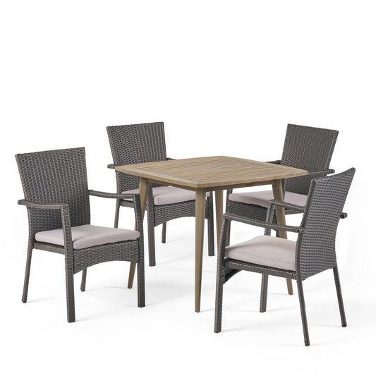 Leah Outdoor Coastal 5 Piece Wicker Dining Set with Slat-Top Acacia Wood Table