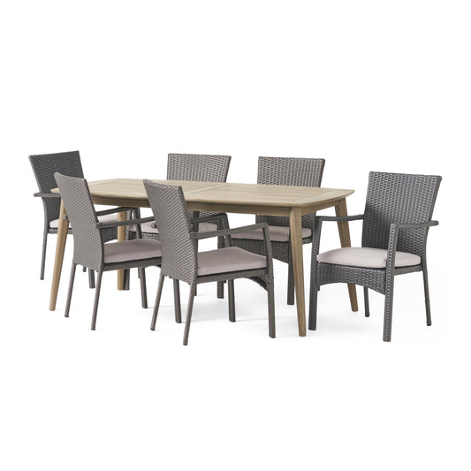 Lowell Outdoor 7 Piece Wood and Wicker Dining Set, Gray and Gray