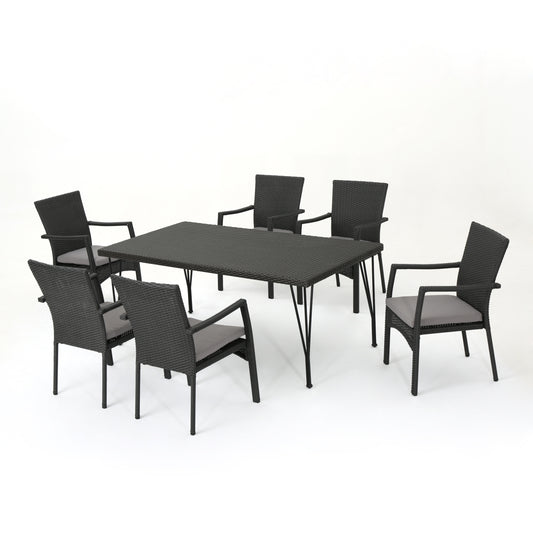 Lula Outdoor 7 Piece Wicker Rectangular Dining Set with Water Resistant Cushions