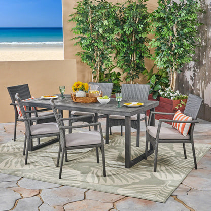 Dawn Outdoor 6-Seater Acacia Wood Dining Set with Wicker Chairs, Sandblast Dark Gray Finish and Gray