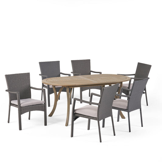 Dallas Outdoor 7 Piece Wood and Wicker Dining Set, Gray Finish and Gray