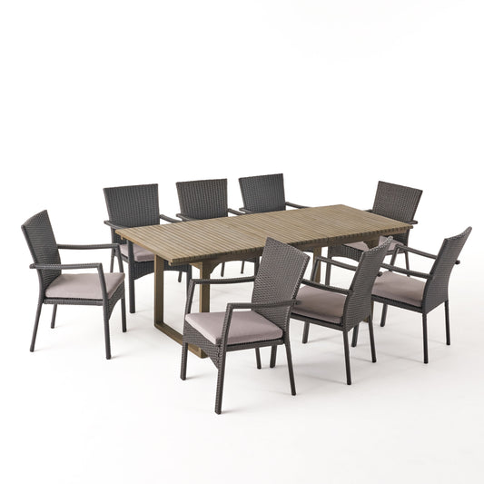 Maise Outdoor 8 Seater Expandable Wood and Wicker Dining Set, Gray