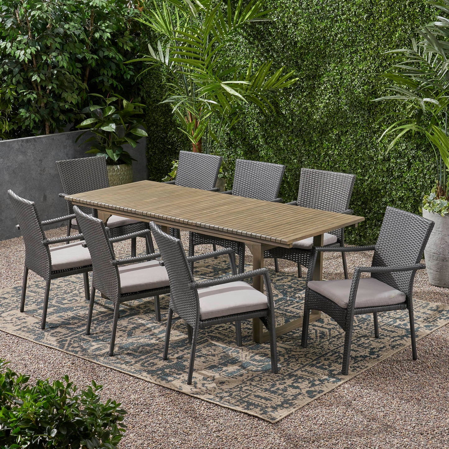 Maise Outdoor 8 Seater Expandable Wood and Wicker Dining Set, Gray