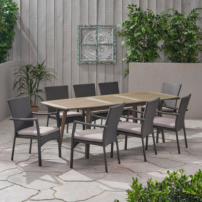 Jabari Outdoor Wood and Wicker Expandable 8 Seater Dining Set
