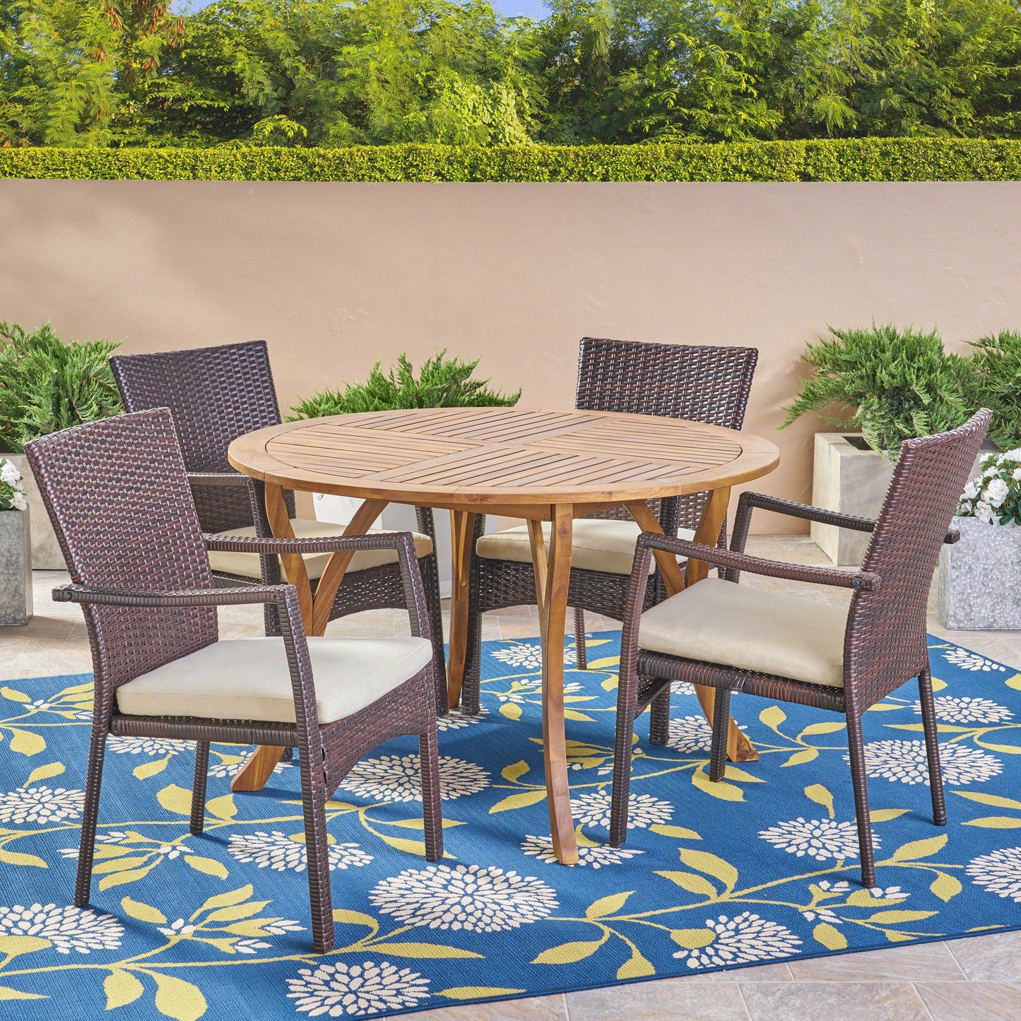 Baldry Outdoor 5 Piece Acacia Wood and Wicker Dining Set