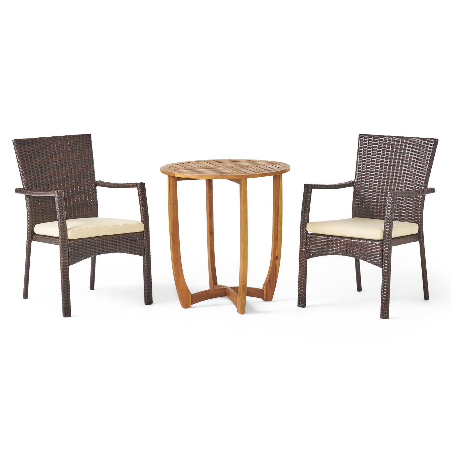 Leyam Outdoor 3 Piece Acacia Wood/ Wicker Bistro Set with Cushions, Teak Finish and Brown with Crème