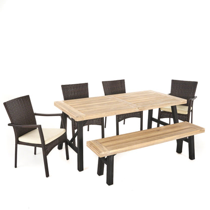 Hollister Outdoor 6 Piece Acacia Wood Dining Set with Wicker Dining Chairs