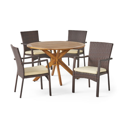 Joshua Outdoor 5 Piece Brown Wicker Dining Set with Teak Finish Acacia Wood Circular Table and Crème Water Resistant Cushions