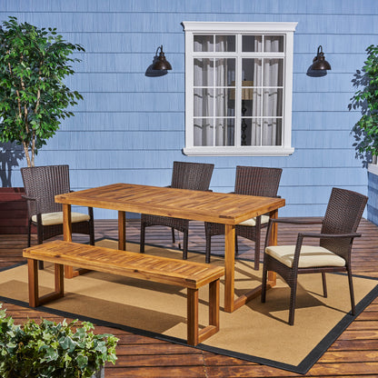Dawn Outdoor 6-Seater Wood and Wicker Chair and Bench Dining Set