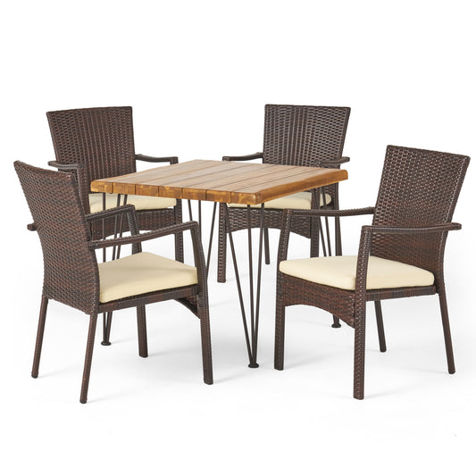 Archie Outdoor Industrial Wood and Wicker 5 Piece Square Dining Set, Teak and Brown and Crème