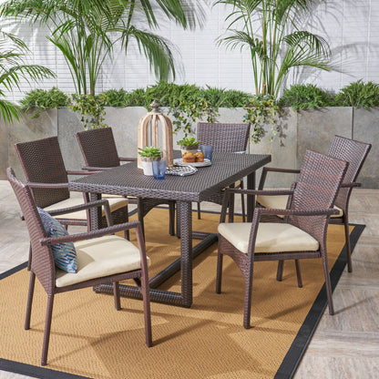 Able Outdoor Transitional 7-Piece Multi-Brown Wicker Dining Set with Cushions