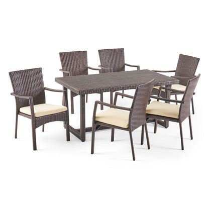Able Outdoor Transitional 7-Piece Multi-Brown Wicker Dining Set with Cushions