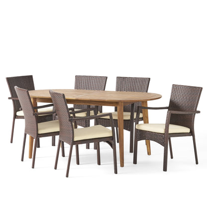 Stanfer Outdoor 7-Piece Acacia Wood Dining Set with Wicker Chairs