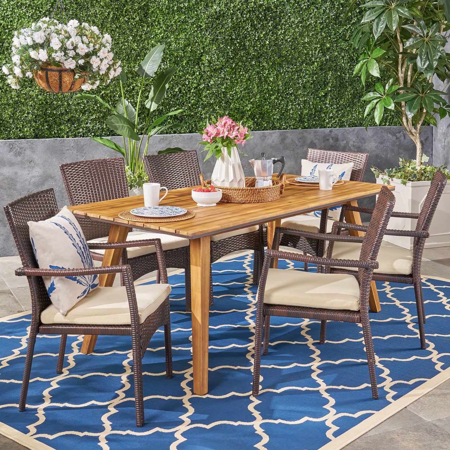 Michaelia Outdoor 7 Piece Acacia Wood Dining Set with Wicker Chairs, Teak and Brown and Cream