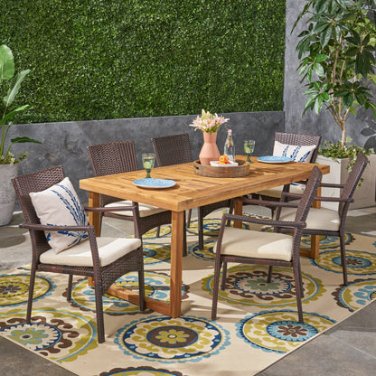 Humphrey Outdoor 6-Seater Acacia Wood Dining Set with Wicker Chairs, Sandblast Natural Finish and Multi Brown and Beige