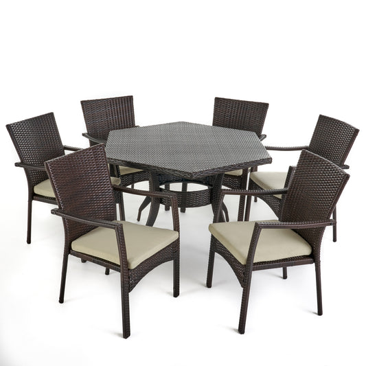 Bartley Outdoor 7 Piece Wicker Hexagon Dining Set with Brown Wicker Chairs