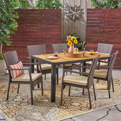 Faithe Outdoor 6-Seater Rectangular Acacia Wood and Wicker Dining Set, Teak with Black and Brown with Cream