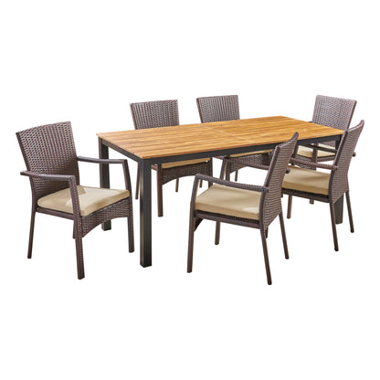 Elaine Outdoor 7 Piece Acacia Wood Dining Set with Wicker Chairs, Teak and Brown and Cream