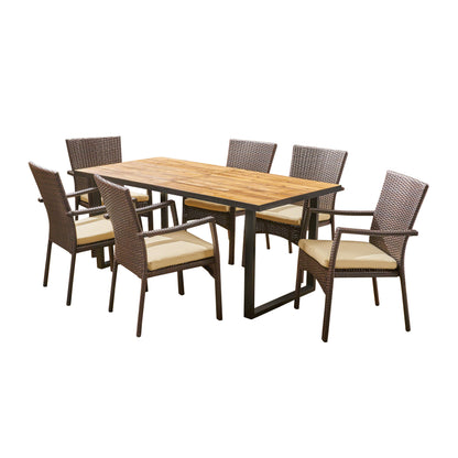 Perlestl Outdoor 6-Seater Rectangular Acacia Wood and Wicker Dining Set, Teak with Black and Brown with Cream