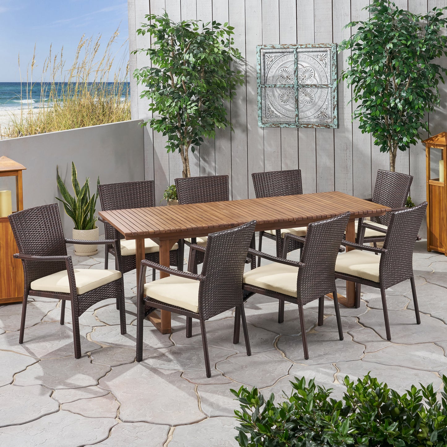 Maise Outdoor 8 Seater Expandable Wood and Wicker Dining Set