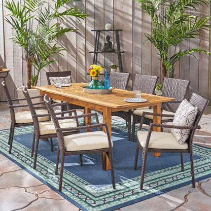 Louis Outdoor 7 Piece Wood and Wicker Expandable Dining Set