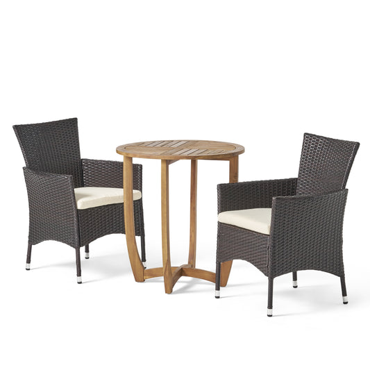 William Outdoor 3 Piece Acacia Wood/ Wicker Bistro Set with Cushions, Teak Finish and Multibrown with Beige